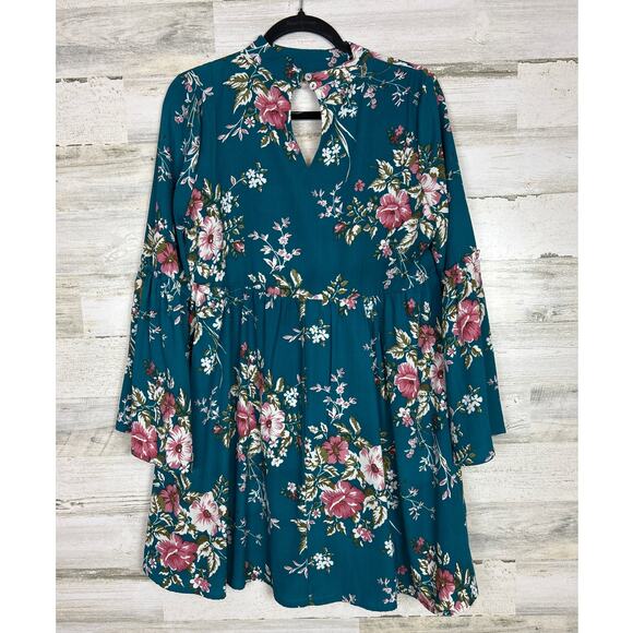 Alter'd State women's medium blue 3/4 bell sleeve lined boho floral mini dress - Picture 2 of 6